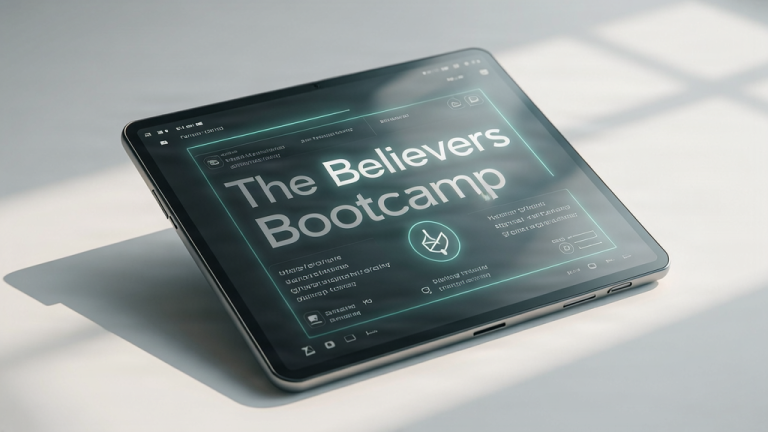 A high-end, photorealistic render of a digital tablet displaying a spiritual growth curriculum, set against a minimalist monochrome background.